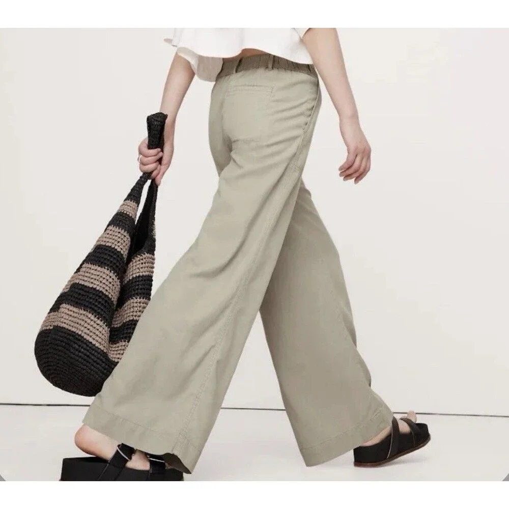 Banana Republic Women's Super-Soft Soma Mid-Rise Wide-Leg Pants Green Tea Sz S